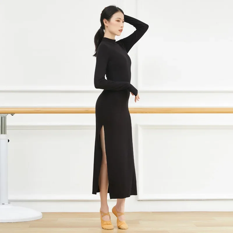 Long Dress Ballroom Waltz Practice Latin Dance Wear for Women Modern Costume Sexy Side Slit Slim Dance Dress Slim Knitted