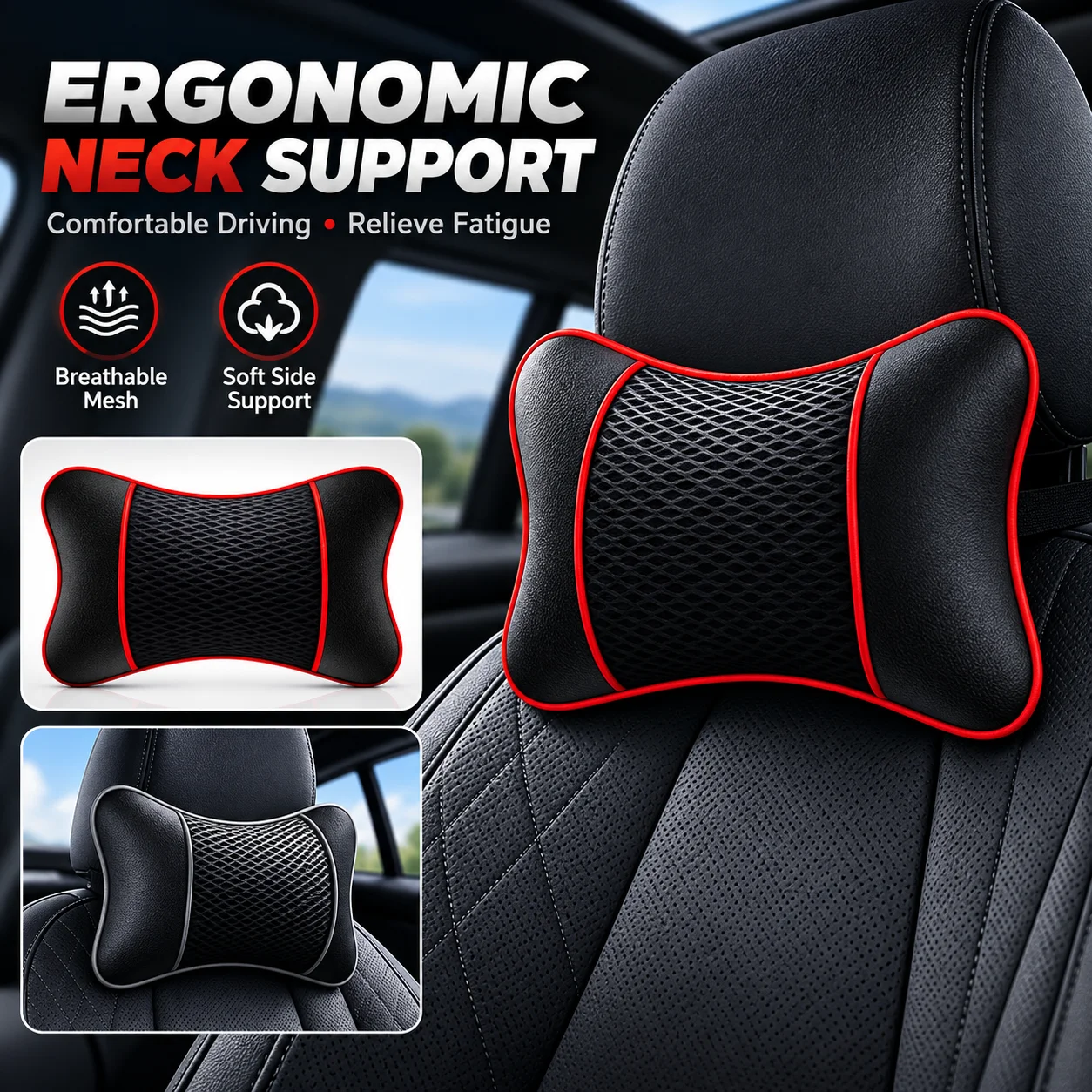 Universal Car Headrest Neck Pillow 1/2PCS PU Leather Breathable Mesh Cushion Comfortable Seat Rest Support Interior Accessory