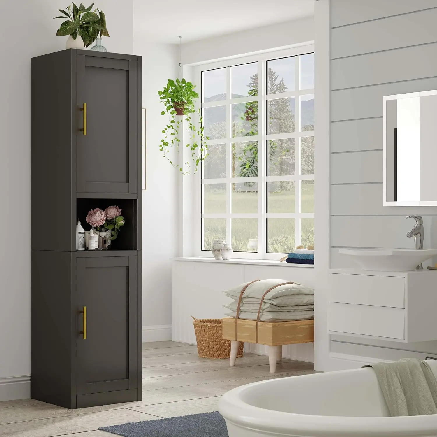 67' Tall Narrow Metal Bathroom Cabinet with 2 Doors & 4 Adjustable Shelves, Black Standing Pantry for Kitchen, Dining Room, Livi