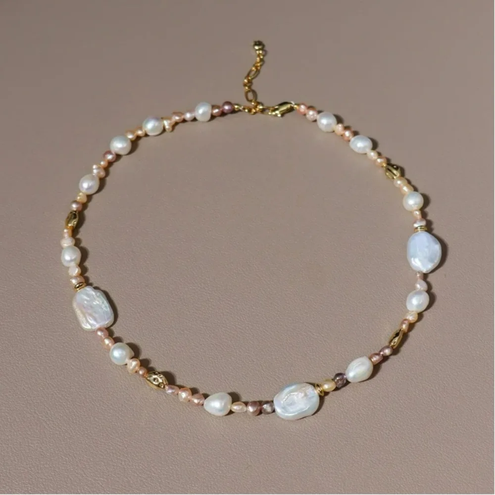 Russia Style Retro Pink Natural Baroque Shaped Pearl Necklace for Women Splicing Short Clavicle Chain Gentle Neck Jewelry