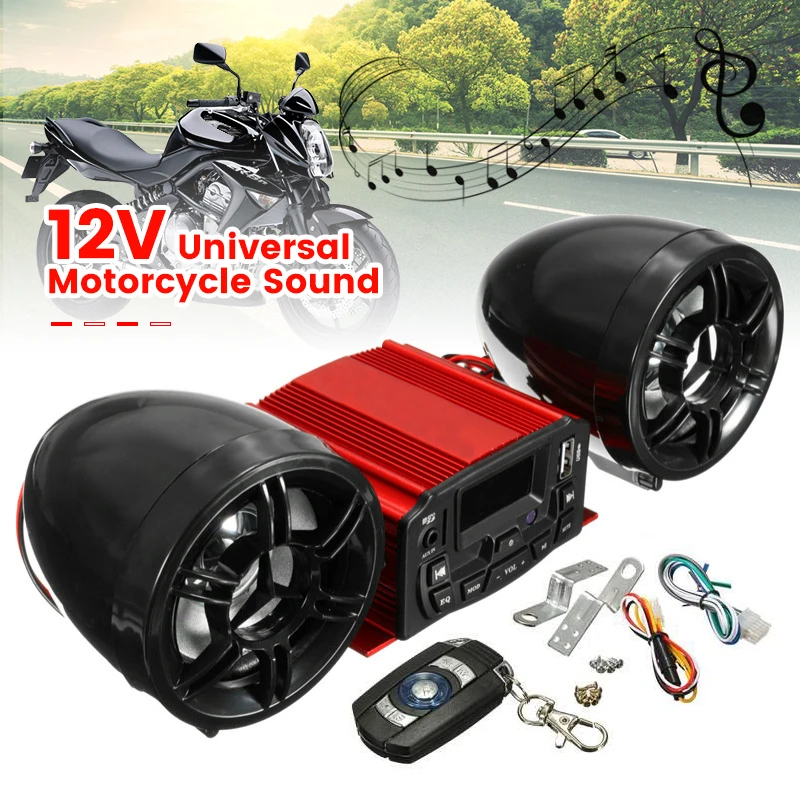 Red 12V Universal Sound System SD USB MP3 Motorcycle Audio Remote Control Stereo 2 Speakers Waterproof FM Motorcycle Radio