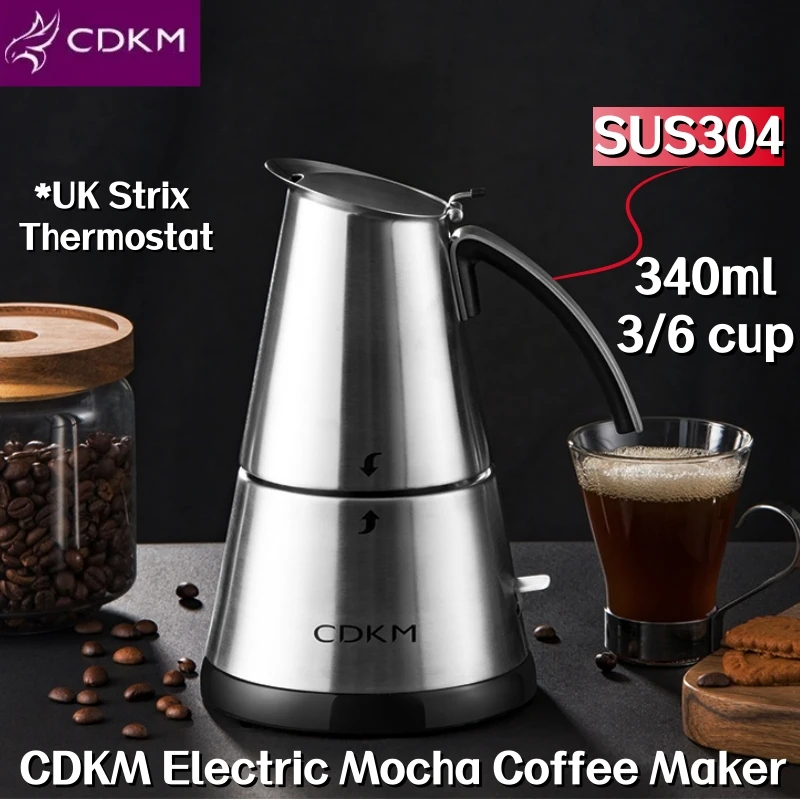 

CDKM Stainless Steel Electric Mocha Coffee Maker One-Button Automatic Espresso Extraction Portable For Family Use 340ml 3/6 Cups