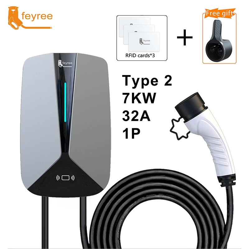 Feyree ที่ชาร์จ Type2 7.6KW 32A 1เฟส evse wallbox RFID การ์ดรุ่น5เมตรสถานีชาร์จสายสำหรับรถยนต์ไฟฟ้า