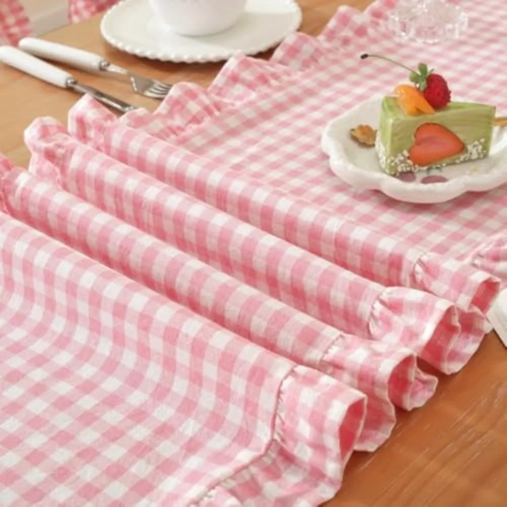 Washed Cotton Table Runner Gingham Check Soft Runner Washed Cotton Ruffle Rectangular French Vintage Table Scarf Farmhouse Decor
