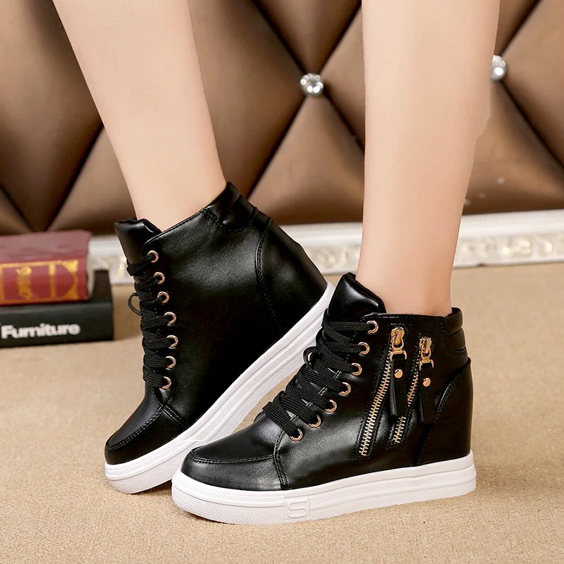 New Women Wedge Platform Sneakers Rubber PU Leather High Heels Lace Up Shoes Height Increasing Creepers White Black Shoes Casual