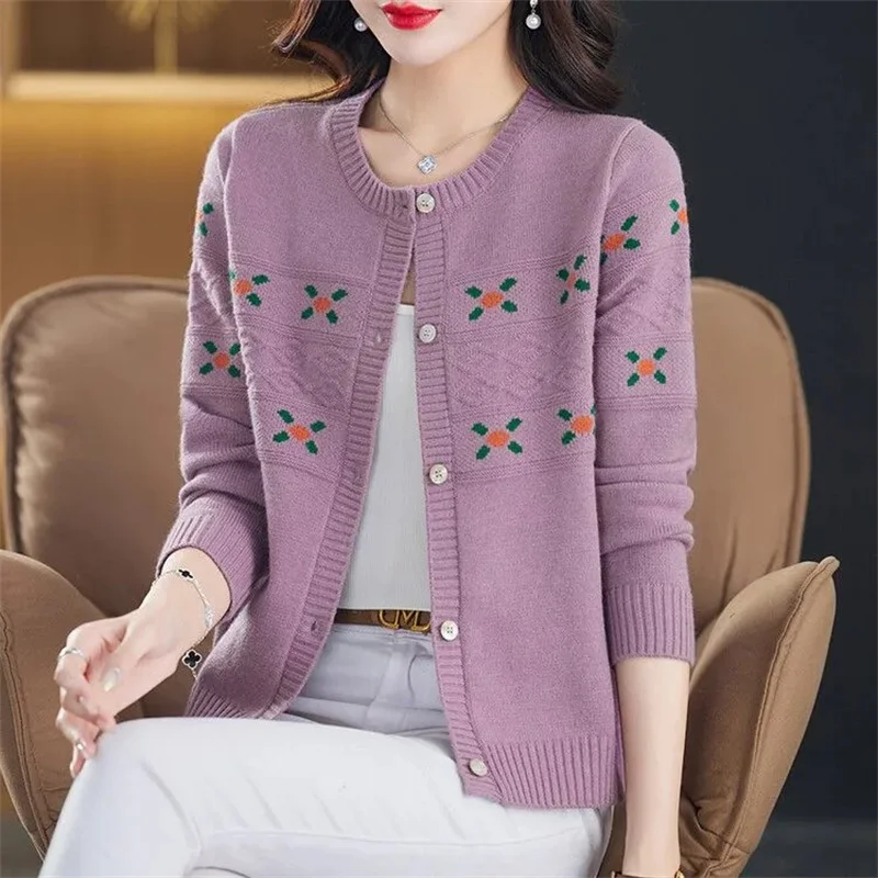 

2025 Vintage Long Sleeve Cardigan Women Sweater O-neck Elegant Knitted Top Fashion Autumn Knitwear