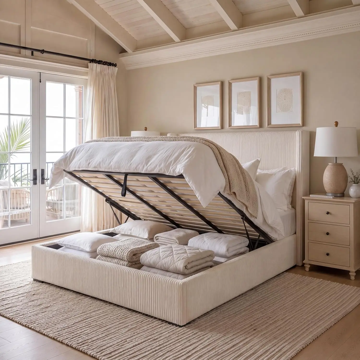 Lift Up Storage King Bed Frame, Corduroy Upholstered Platform Bed, Hidden Under-Bed Storage and Wingback Headboard