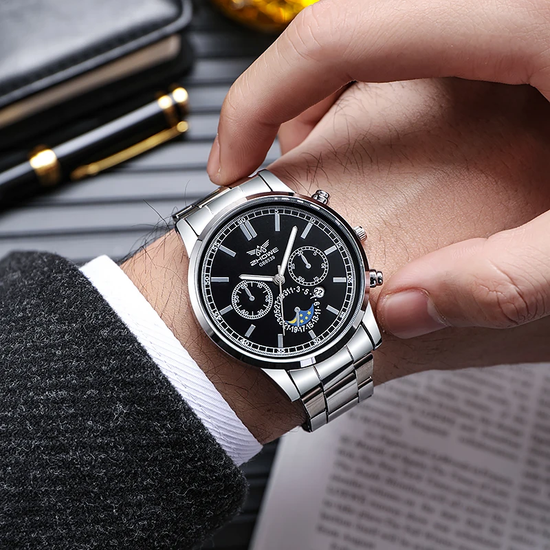 Men's New Explosive Fashion Trend Business HIGH-TECH Fake Three-eye Calendar Quartz Steel Belt Watch