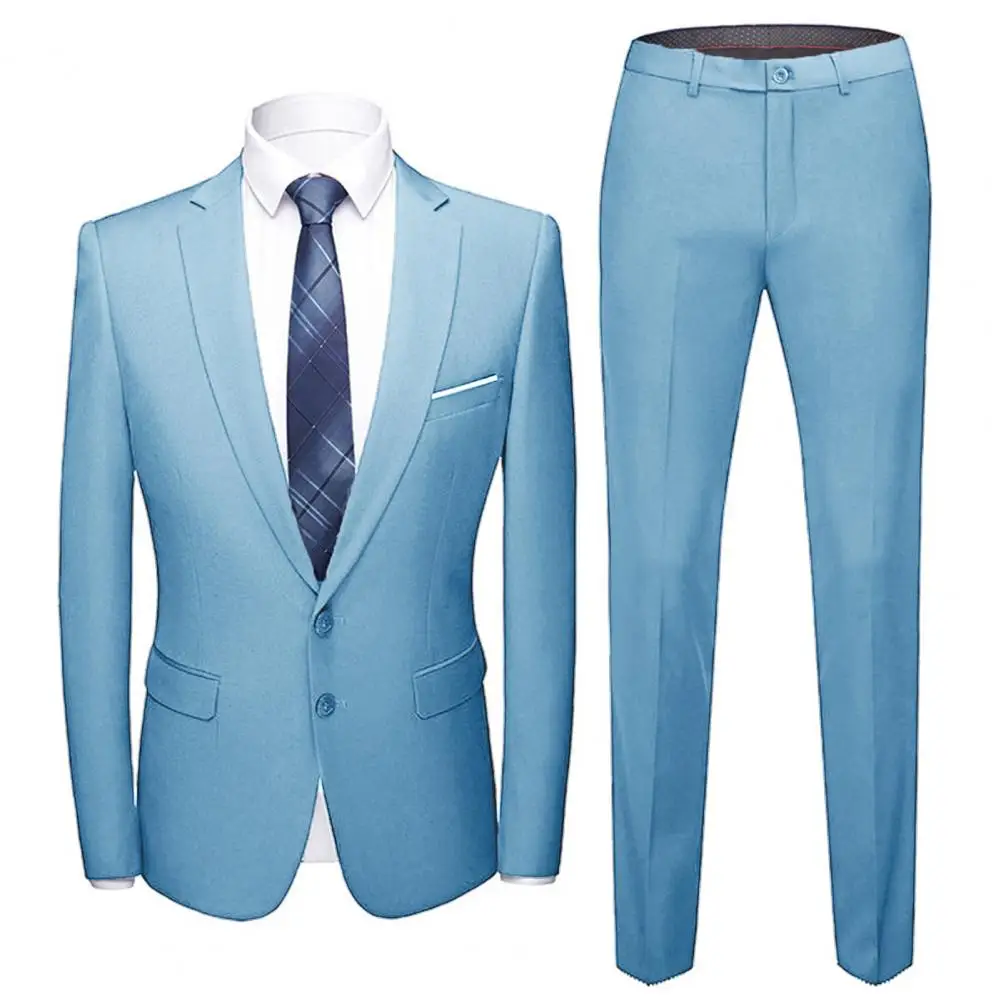 1 Set Blazer Pants Solid Color Turndown Collar Long Sleeve Slim Fit Two Buttons Formal Suit for Wedding Banquet Prom