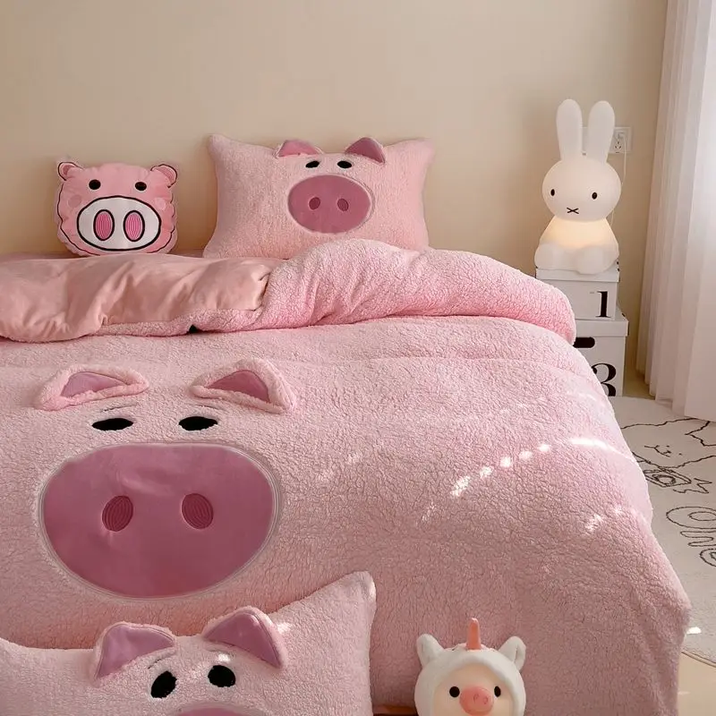 New Winter Warm Plush Three-piece Set Of Pig Lamb Milk Wool Four-piece Set Of Coral Velvet Quilt Cover Double-sided Bed Sheet