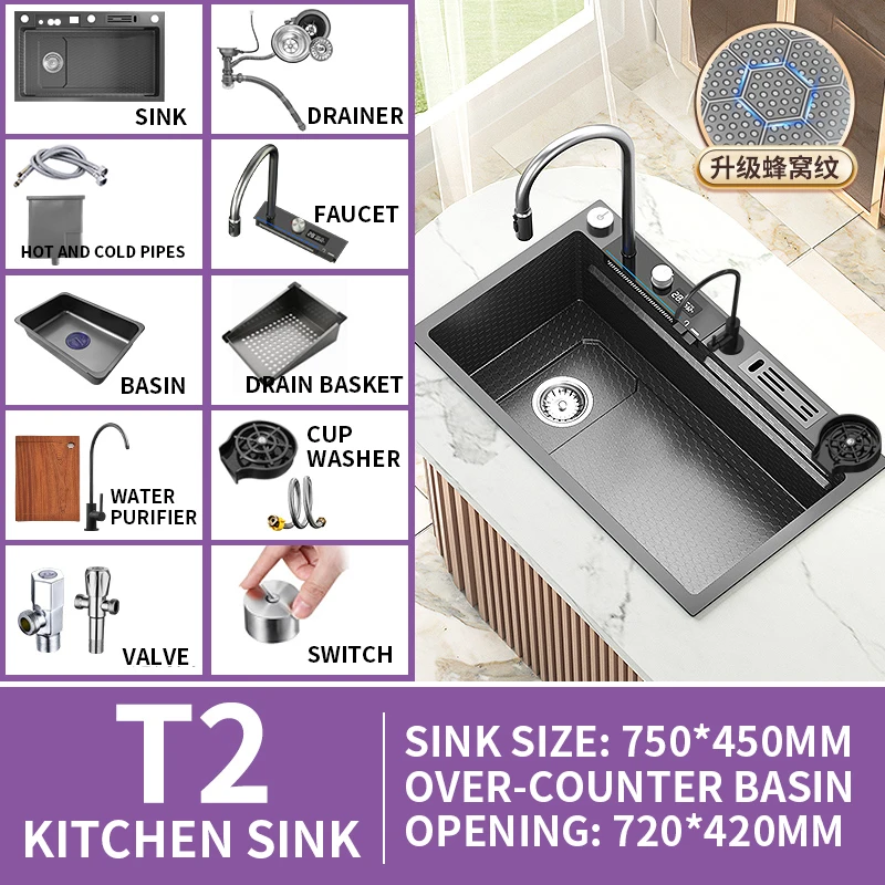 Waterfall Sink Kitchen Stainless Steel Topmount Sink Embossed Large Single Slot Wash Basin With Multifunction Tank Low Price