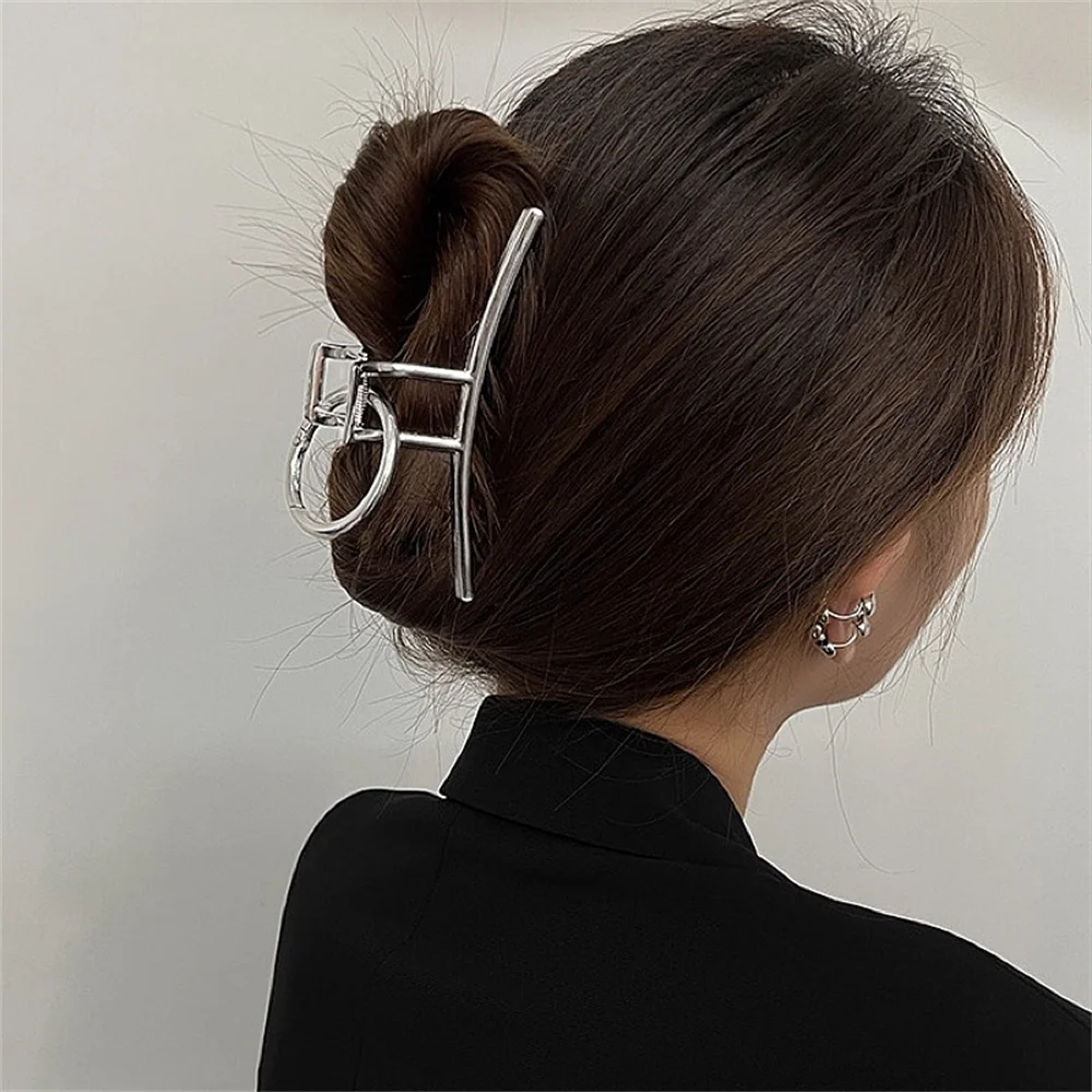 Silver Metal Large Hair Claw Clip Hollow Ladder Design for Thick Hair Back Head Updo Women Fashion Hair Accessory