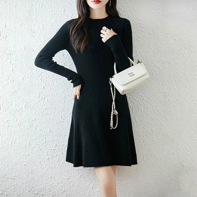 Hot A Skirt Selling New Women's 100% Merino Wool Knitted Dress Autumn Winter Thick O-Neck Pullover Long Sweater Casual Dress