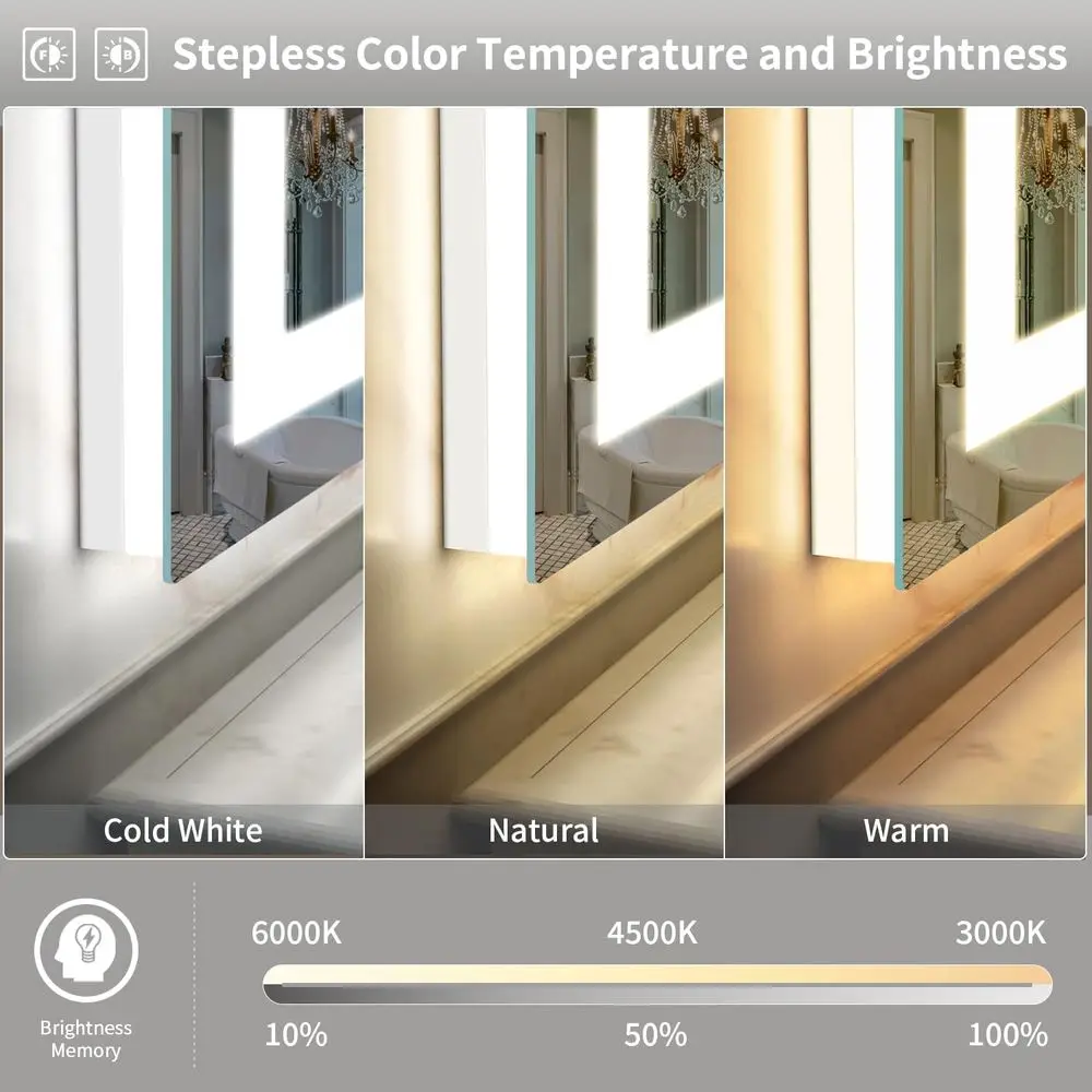 مرآة زينة للحمام بإضاءة خلفية LED مقاس 44 × 36 بوصة مع 3 أضواء ملونة، مقاومة للكسر، مضادة للضباب، ذاكرة سطوع