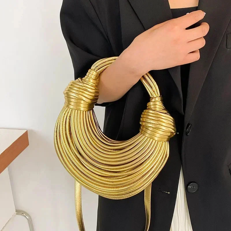 

Lined Bundle Clutch Gold Bag Luxury Women PU Woven Knotted Gold Handbag Senior Female Clutch Shoulder Bags Evening Party Bag