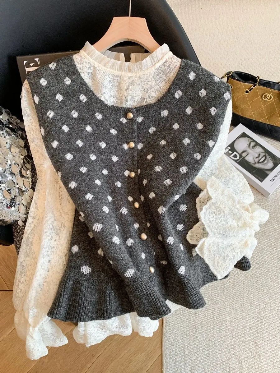

Retro Polka Dot Blouse And Lace Sve irt Two Piece Set Women's Spring Autumn Winter Sweet Unique Faion Top