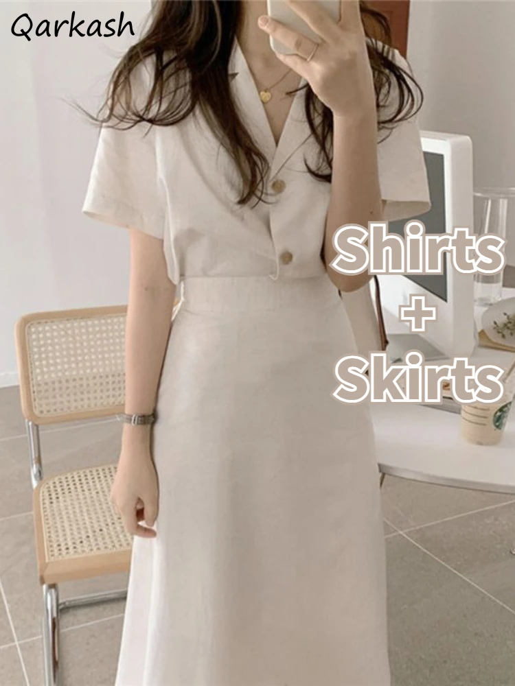 

2 Pcs Sets Women Clothing Office Lady Shirts Midi Skirts Minimalist Summer Solid All-match Formal Temper Work Wear Casual Daily