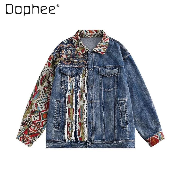

2023 весна и осень, новая мужская ретро-модная лоскутная синяя свободная повседневная джинсовая куртка с отложным воротником в этническом стиле