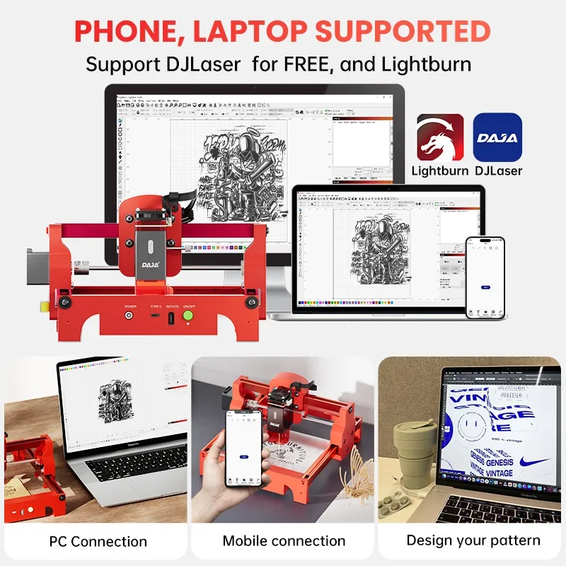 DAJA A7 Lasergravierer, 5 W, Mini, tragbar, Bluetooth, CNC-Gravur, alle Materialien, geschnittenes Holz, Acryl, Papiermaschine, Gravur, Markierung, Druck