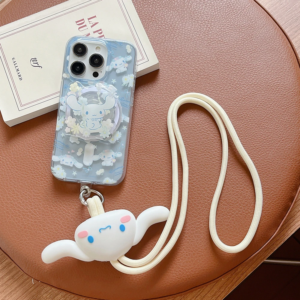 Cute Sanrios Cinnamoroll for Magsafe Magnetic Bracket Phone Case For iPhone 15 14 13 12 11 Pro Max Clear Back Cover With Lanyard