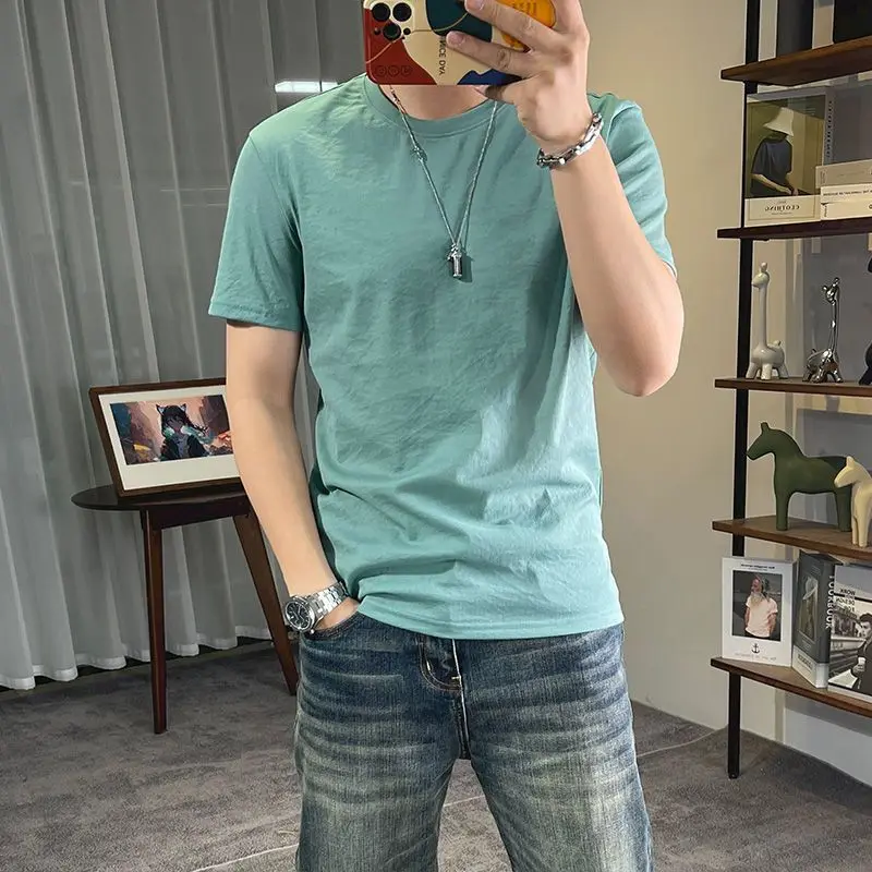 موضة س الرقبة عادية بلون تي شيرت ملابس للرجال 2025 صيف جديد فضفاض كم قصير بلايز الكورية كل مباراة تي شيرت #4