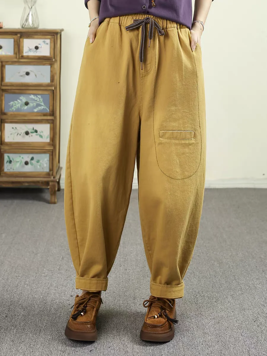 Retro Gesplitste Casual Denim Broek Vrouwen Losse plus Size Elastische Taille Belted Harlan Wortel Broek Herfst Nieuwe Sle Pure Kleur