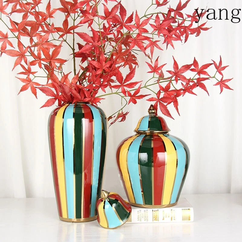 Ceramic Checkmate Jar Colorful Striped Ginger Jar Flower Vase Storage Tank Porcelain Handicrafts Ornaments Home Decoration