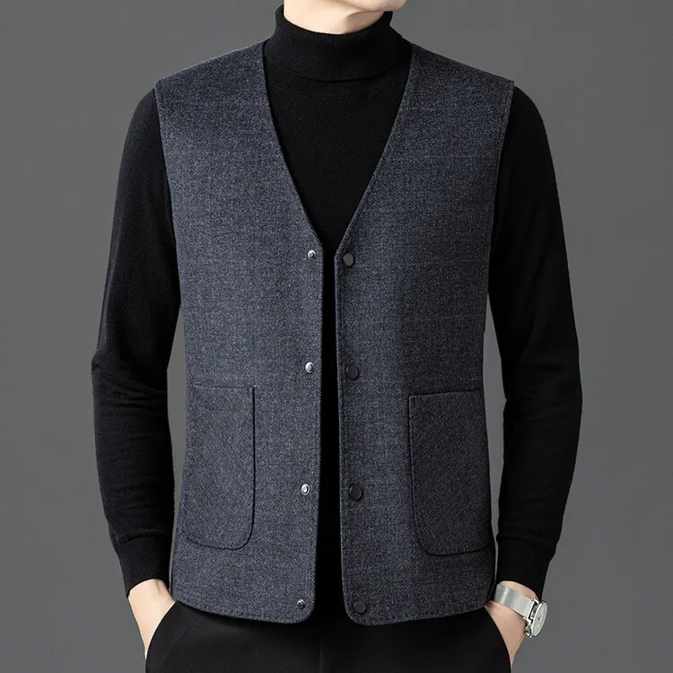 

Double-Sided Woolen Men's Vest Warm Faionable Inner-Outer Wear Suit Jaet V-Ne Single-Button Closure Color