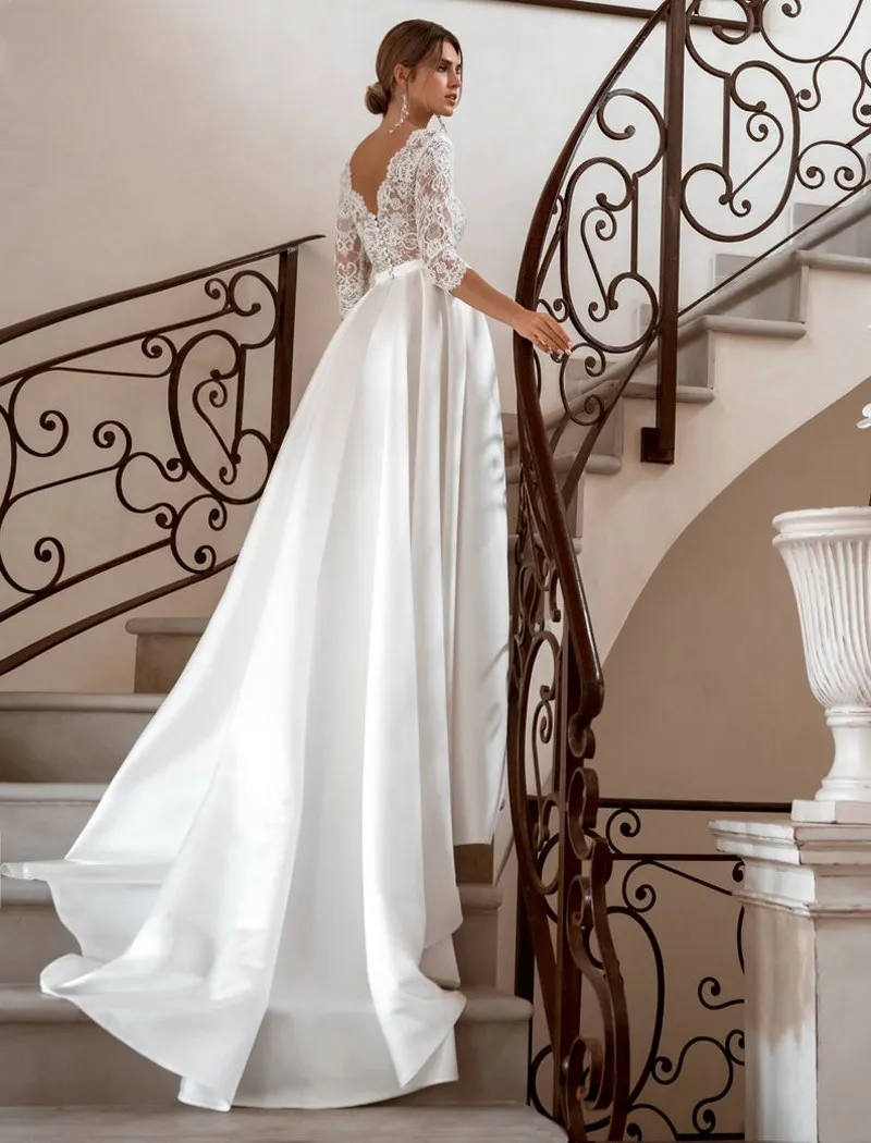 Eleganti abiti da sposa in pizzo a maniche lunghe con scollo a v in raso a-line 2022 vestido de novia abito da sposa nuovo Vintage semplice