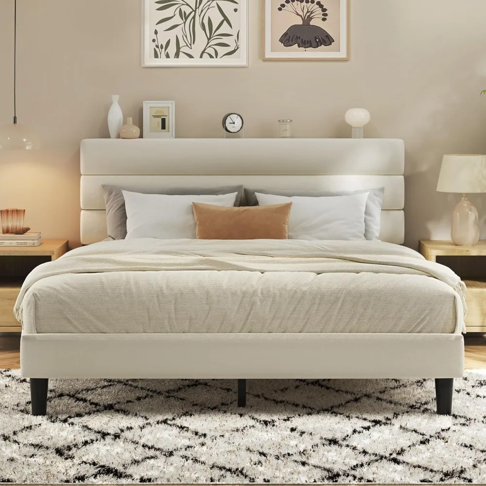Base de Cama, Base de Cama con Plataforma y Cabecera Tapizada en Terciopelo, No Requiere Somier, Soporte Metálico Resistente, Personalizable