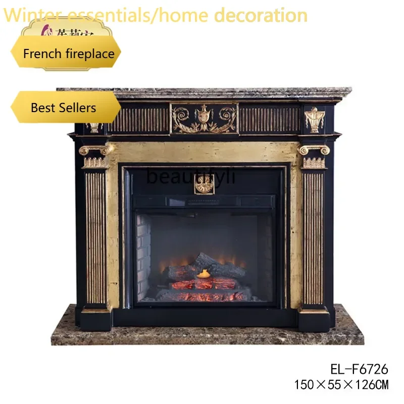A95 European solid wood fireplace marble marble countertop, black gold foil heavy industry engraving retro fireplace YH
