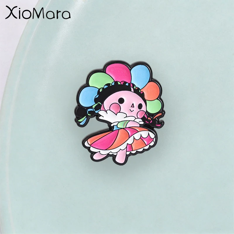 Mexican Lele Doll Enamel Pin,Traditional Cartoon Dancing Girl Badge,Colorful Headdress and Frilled Skirt,Lovely Gift for Friends
