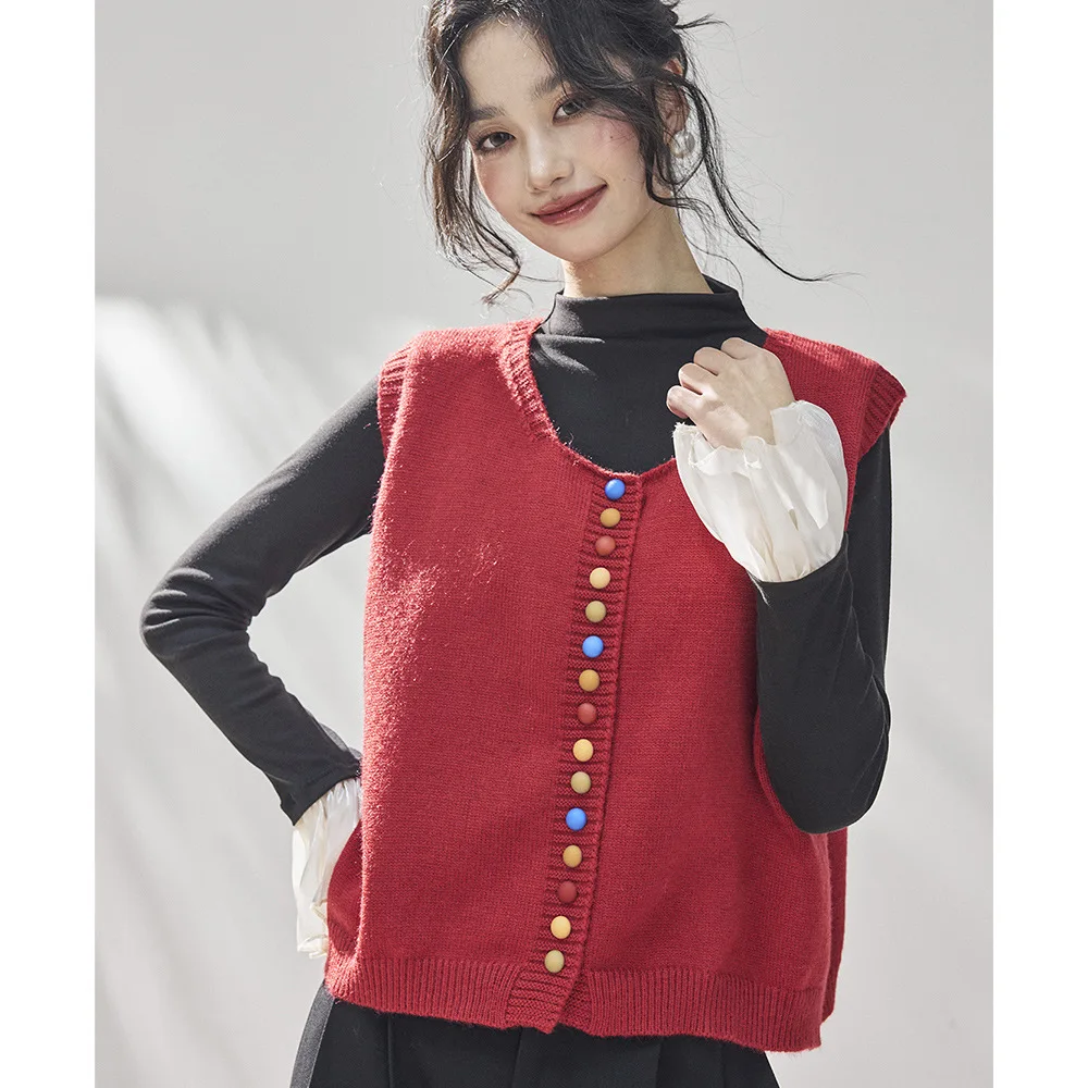 

Korean Sle Retro Knitted Red Vest Top Layering Svel round Ne New Year Faion Women's Casual Buttoned Outerwear