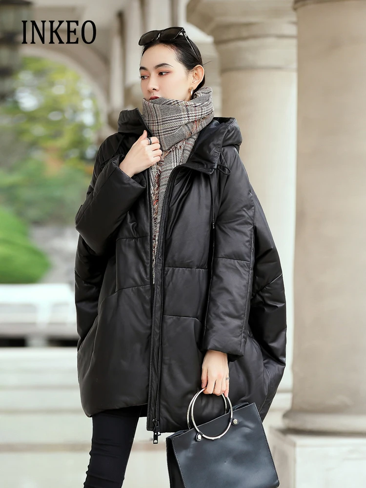 Luxury Hooded Sheepskin leather down jacket Batwing sleeve coat Oversized Women Winter 2024 Collection Warm Outwear INKEO 3O339