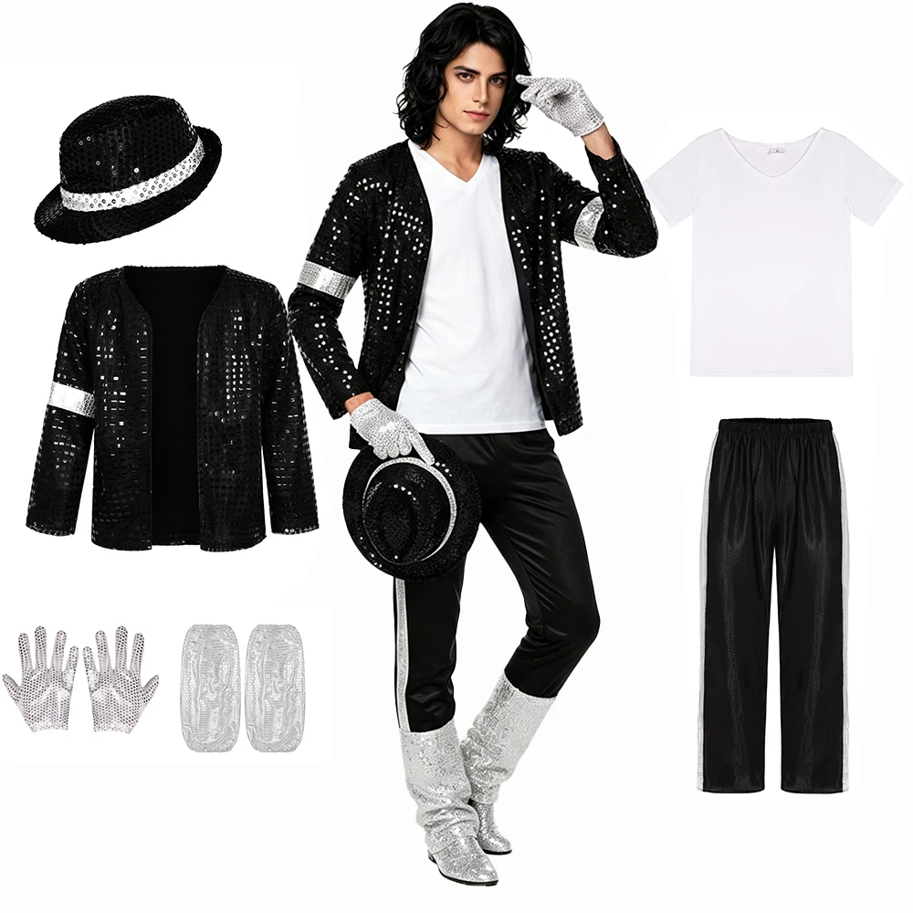 

6-Piece Michael Jackson Costume Set Shiny Outfit for Adults 80S Disco Stage Performance Costume Carnival Halloween Cosplay Set