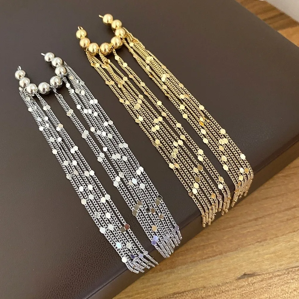 Fashion Alloy Tassel Ear Clip Beads Exquisite C-shaped Ear Clip Minimalist Long Chain No Piercing Earrings Daily Wear