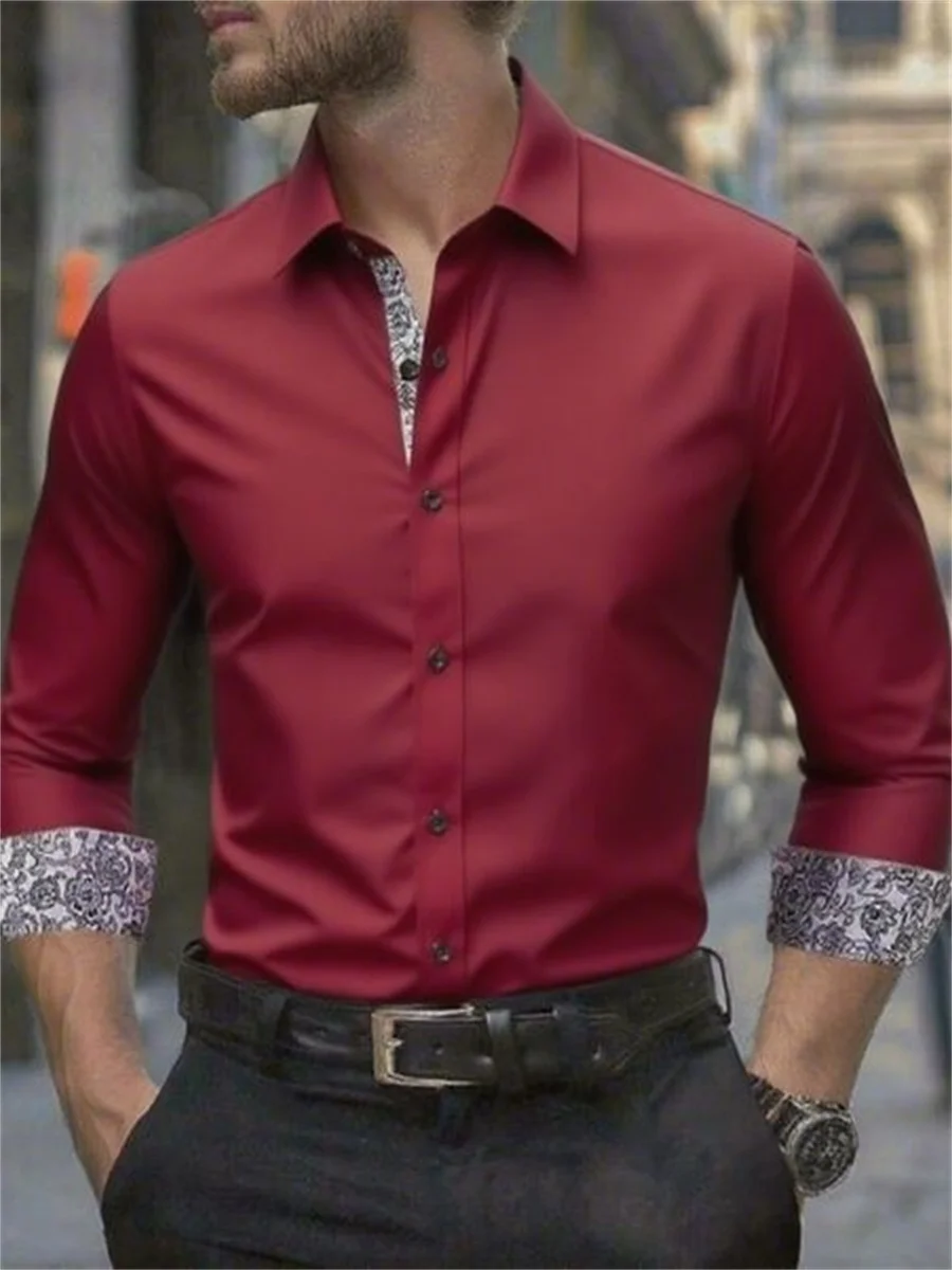 Men's long-sleeved casual shirt with new fashion design, solid color contrast color and elastic fabric for business and leisure