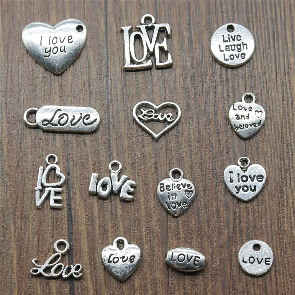 40 sztuk Charms miłość antyczne srebro kolor miłość serce piękna biżuteria ustalenia DIY słowo miłość Charms hurtownie