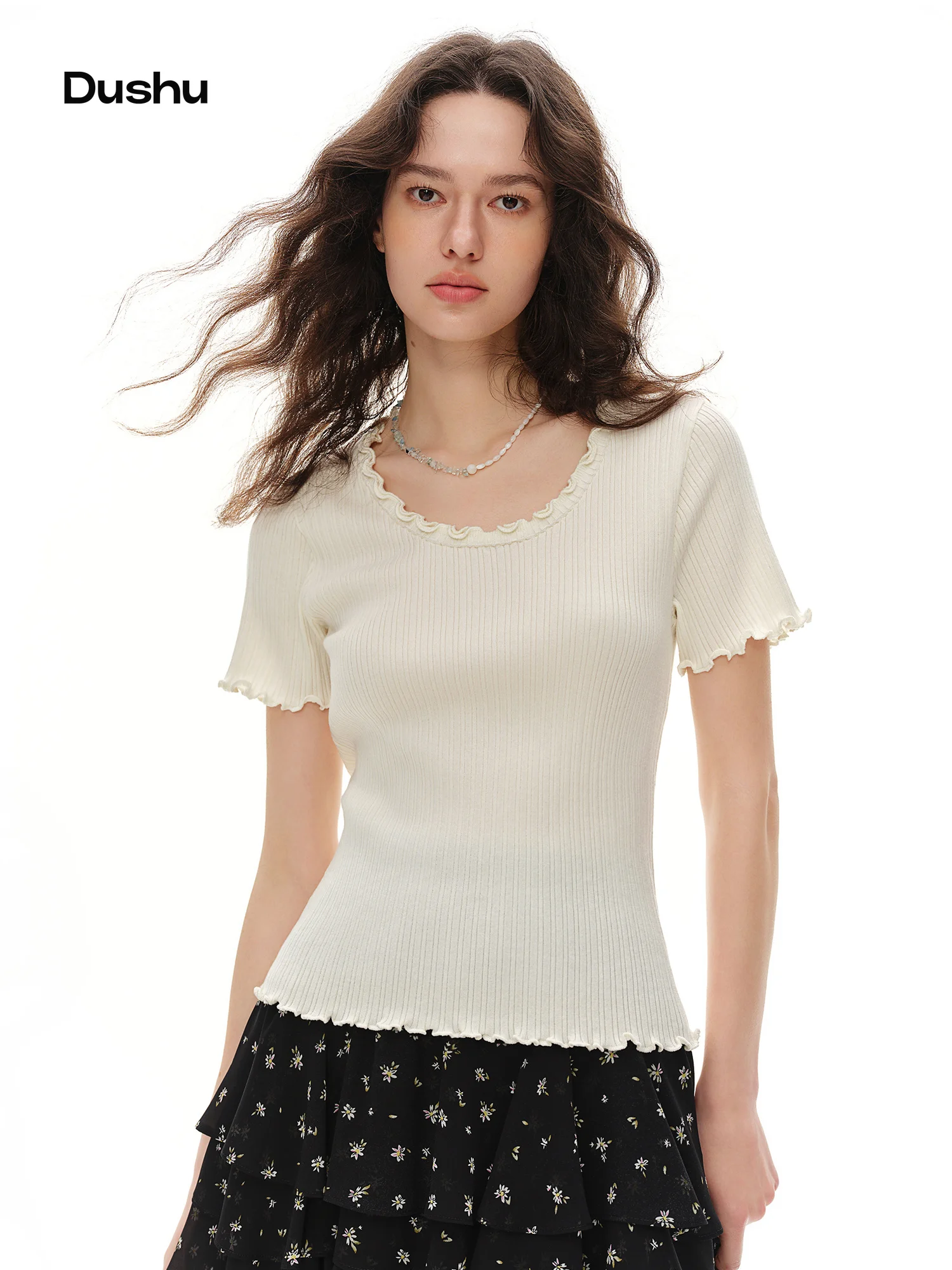 DUSHU 2026 New Arrival Summer Women's Ruffled Rib-Knit Short Sleeves Tee Stretch Everyday Top for Coquette Soft Girly Style