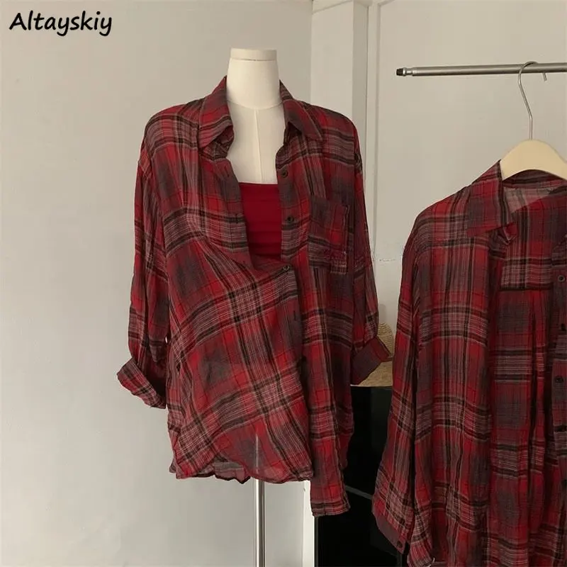 Koszule w kratę damskie z długim rękawem odporne na słońce eleganckie letnie koreańskie styl na wszystkie mecze podstawowe modne topy damskie