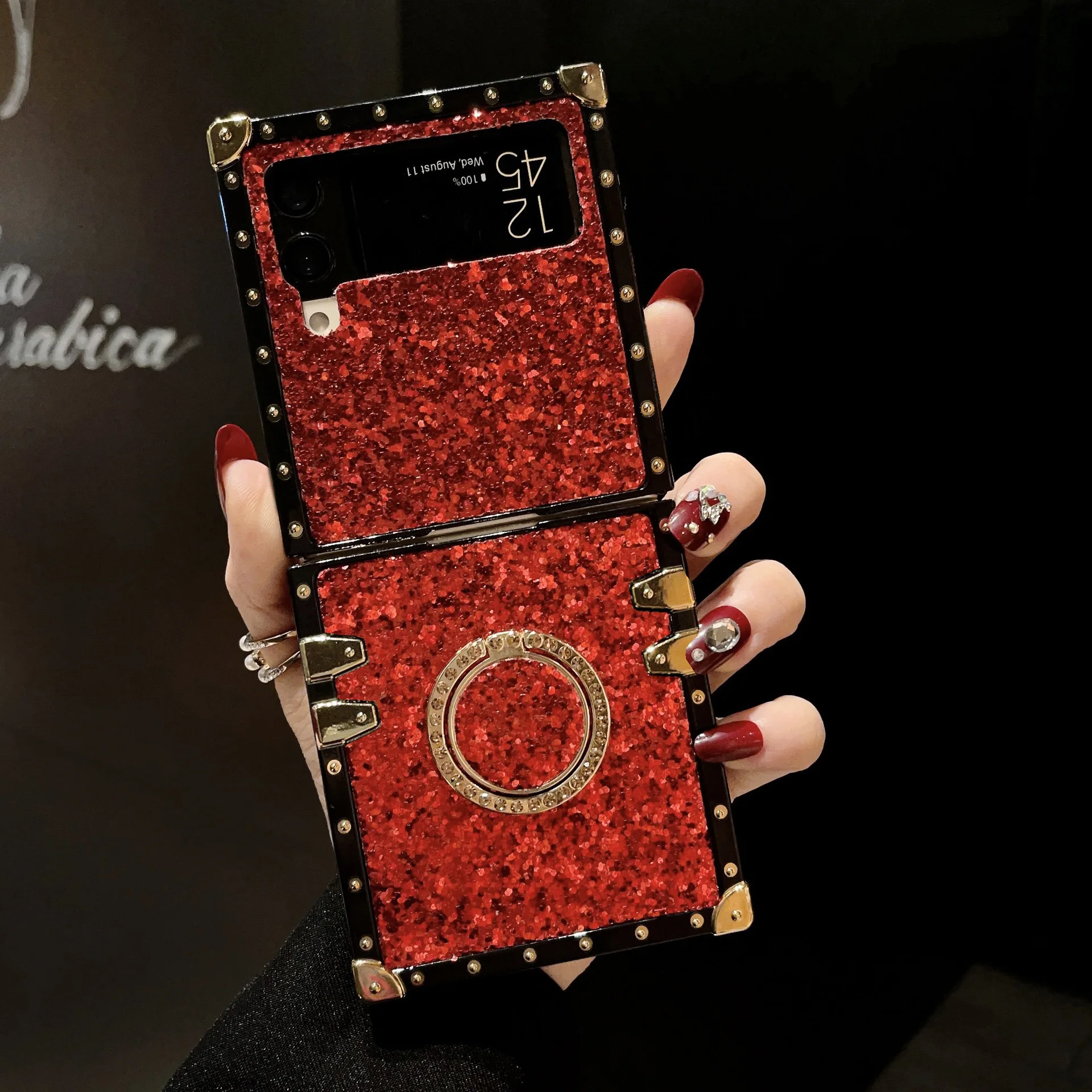 Luxuriöse künstliche Glitzer-Strass-Leder-Handyhülle für Samsung Galaxy Z Flip 8 7 6 5 4 3 Flip7 FE mit glänzendem Halter. – Detail 5