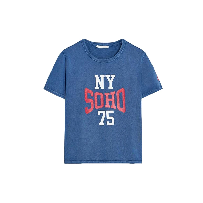 Cseta de Manga Corta con Cuello Redondo y Estampado Estilo Universitario para Mujer, Primavera-Verano, Nueva, Efecto d...