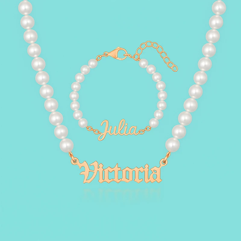 Custom Name Necklace Bracelet, Stainless Steel Personalized Pearl Choker Necklace Bracelet Customized Jewelry Gifts