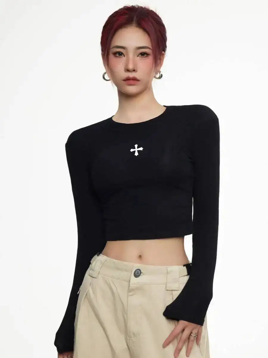 

2025 Women's Base Layer Autumn Black Crop Top Long-Sleeve T Shirt Slim-Fit Crop Top For Jazz Dance Undershirt