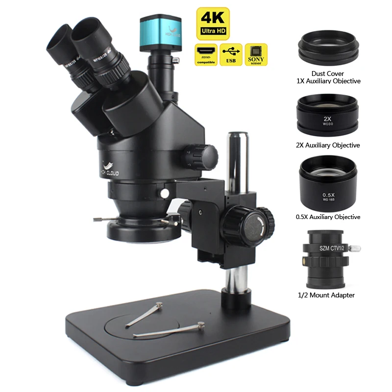 3.5X-90X Simul-Focal Zoom Stereo Trinocular Microscope 4K 2K HDMI USB Microscope Camera Set 0.5x 2.0x Auxiliary Objective Lens