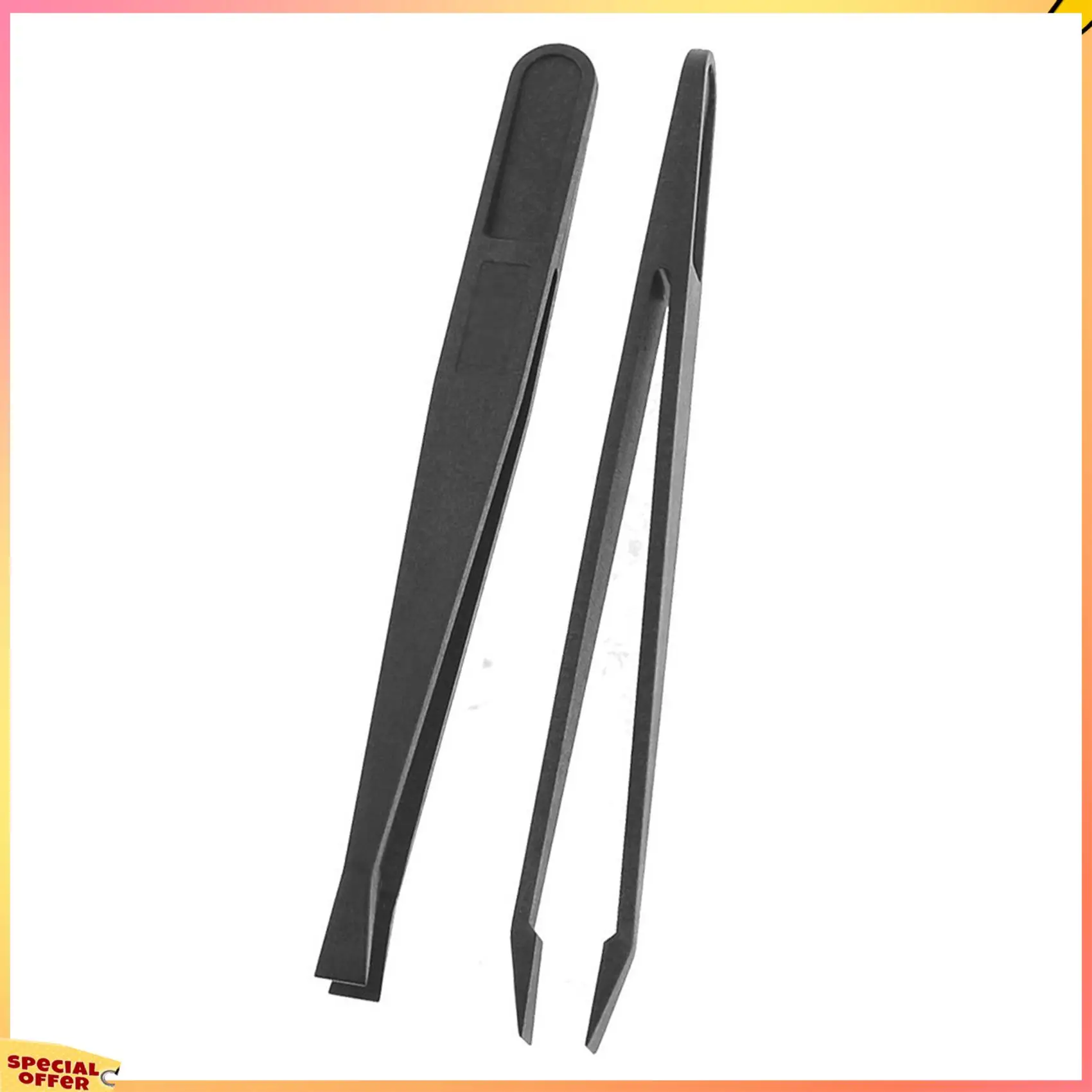 ABFI 10 Pcs Manual Tool Black Plastic Flat Tip Anti-Static Tweezer 12Cm Long