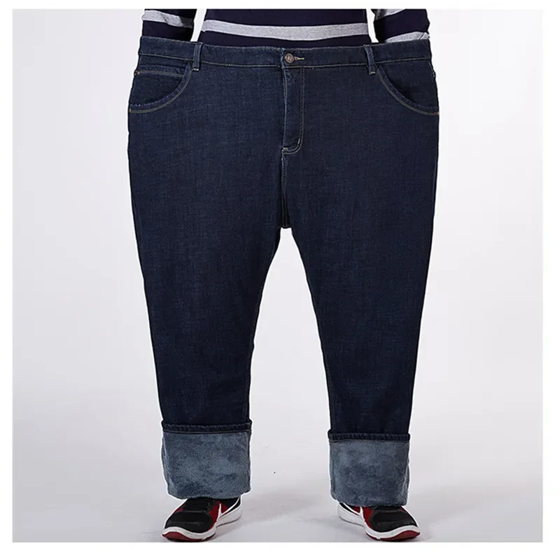 

Warm Denim Pants Men Winter Fleece Stretched Blue Straight Loose Autumn Trousers Thick Plus Size 44 48 50 52 Oversized Jeans