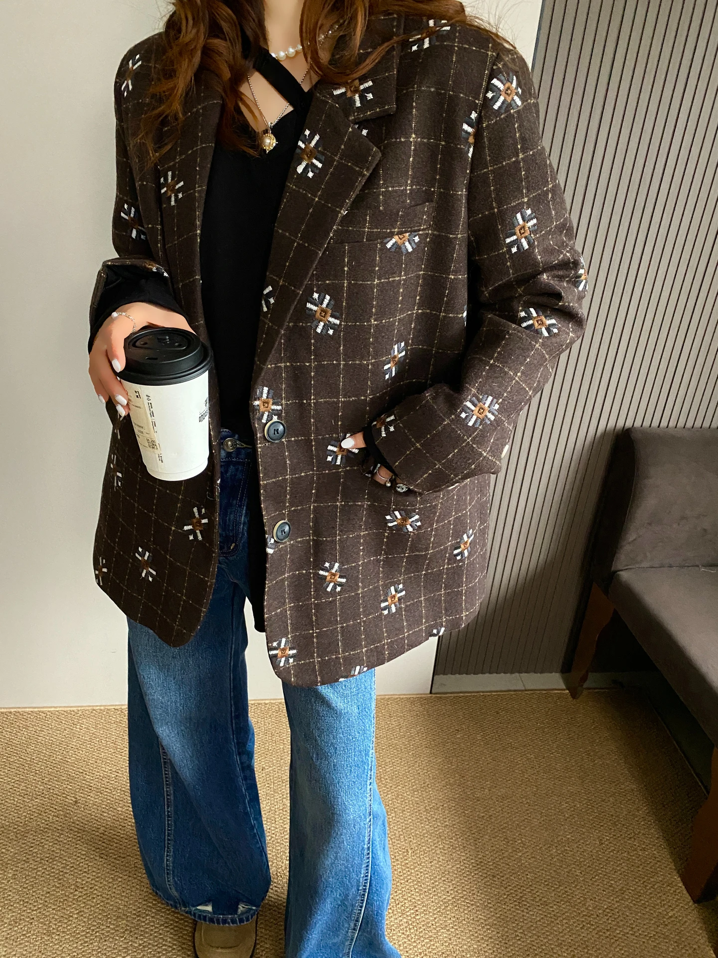 

Ele Embroidered Woolen Suit Jaet Women's Loose Fit Winter Coat with down Inner Liner Commute Sle Long Sve Coat