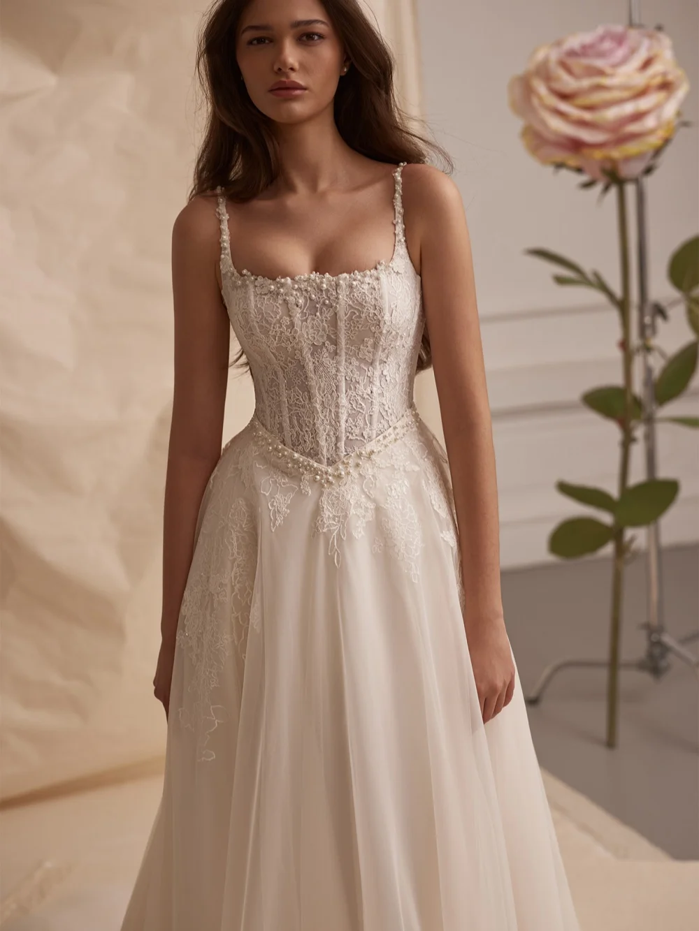 2 in 1 Shinny Pearls Lace Wedding Dress Elegant Thin Straps Square Neck Bridal Gown Customized Dreamy A-line Dresses For Bride