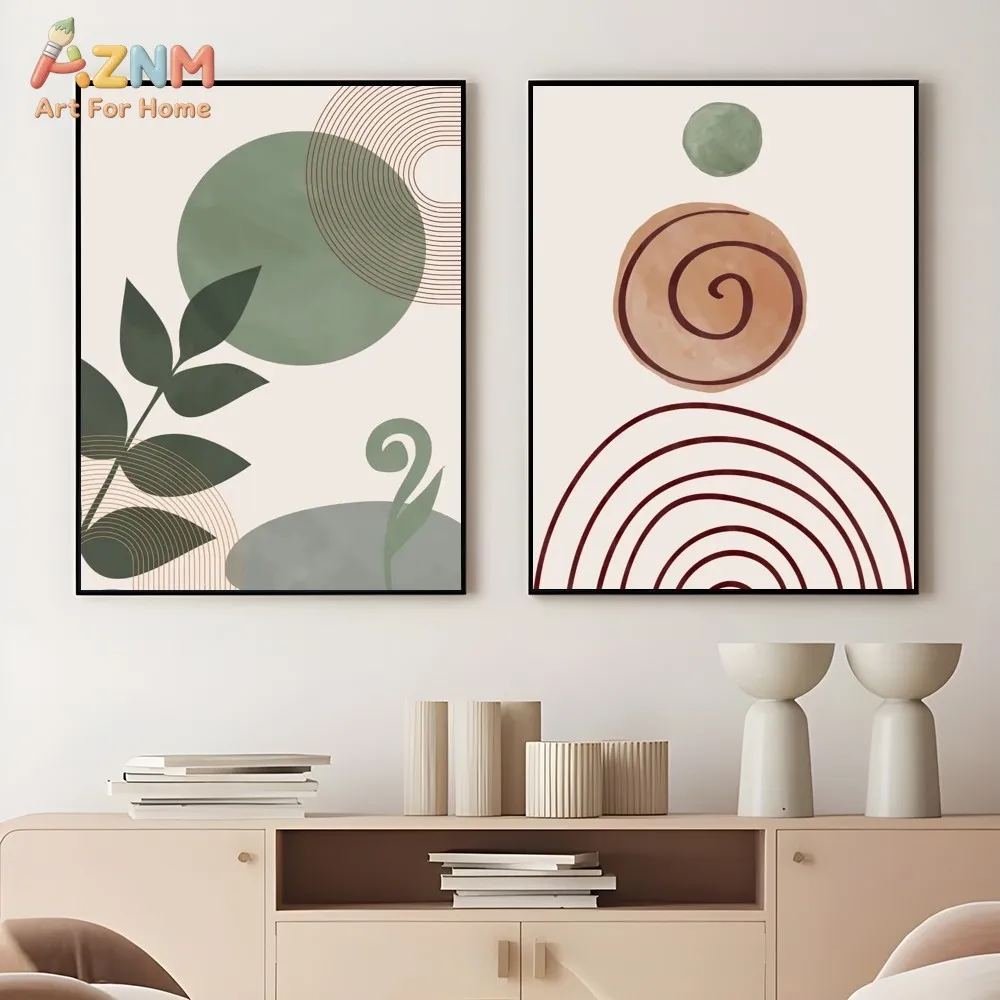 AZNM Boho Sage Green Leaf Geometric Line Canvas Poster, Frameless Minimal Abstract Wall Art For Living Room Bedroom Aesthetic Ho